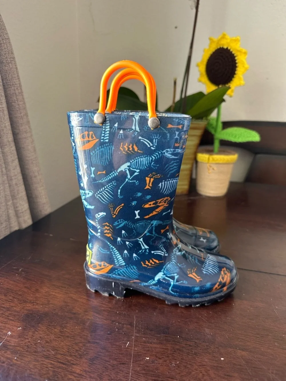 Western Chief Navy & Orange Dino-Print Kids Rain Boots